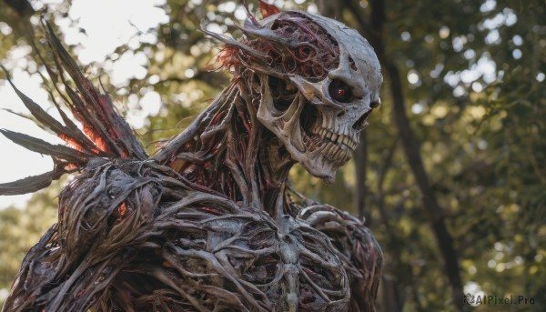 solo,red eyes,1boy,upper body,male focus,outdoors,teeth,blurry,tree,no humans,depth of field,blurry background,glowing,sharp teeth,1other,colored sclera,skull,monster,ribs,skeleton,extra eyes,bone,horns,from side,nature,glowing eyes,horror (theme)