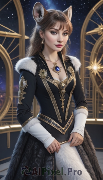 1girl,solo,long hair,breasts,looking at viewer,smile,bangs,brown hair,long sleeves,dress,animal ears,cleavage,brown eyes,jewelry,medium breasts,standing,collarbone,tail,cowboy shot,earrings,sky,necklace,black dress,lips,animal ear fluff,fur trim,makeup,night,gem,star (sky),night sky,pendant,starry sky,fur,holding,artist name,fox ears,ring,realistic