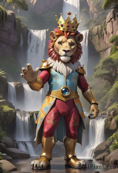 solo,looking at viewer,1boy,animal ears,jewelry,standing,full body,yellow eyes,male focus,red hair,boots,outdoors,belt,pants,water,armor,tree,crown,gem,claws,furry,rock,armored boots,furry male,lion ears,waterfall,lion,lion boy,no humans,nature,elephant