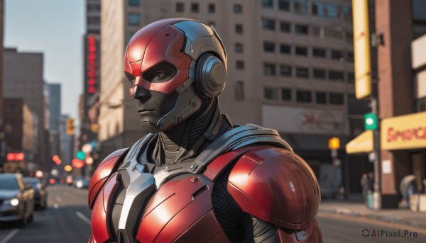 solo,1boy,brown eyes,upper body,male focus,outdoors,armor,blurry,depth of field,blurry background,helmet,ground vehicle,building,motor vehicle,science fiction,city,sign,realistic,car,road,street,power armor,red armor,day,from side,mask,cityscape,superhero