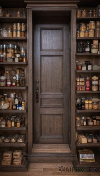 food,indoors,no humans,bottle,box,scenery,alcohol,wooden floor,door,basket,bread,shelf,jar,shop,refrigerator,cup,cookie,coffee,still life