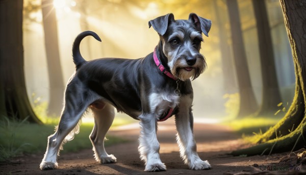 HQ,solo,looking at viewer,blue eyes,closed mouth,standing,full body,outdoors,day,signature,blurry,collar,tree,no humans,blurry background,animal,sunlight,grass,nature,forest,dog,realistic,leash,animal focus,animal collar,brown eyes,tongue,tongue out,black eyes,depth of field