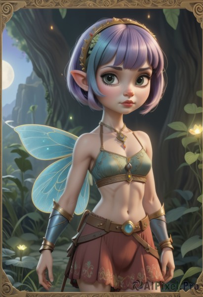 1girl,solo,breasts,looking at viewer,short hair,bangs,skirt,navel,cleavage,bare shoulders,jewelry,closed mouth,green eyes,blue hair,standing,collarbone,purple hair,flower,multicolored hair,cowboy shot,pleated skirt,hairband,small breasts,outdoors,wings,sky,pointy ears,midriff,shiny,belt,artist name,signature,miniskirt,blunt bangs,necklace,stomach,bra,shiny hair,bracelet,tree,lips,fingernails,grey eyes,eyelashes,gradient hair,makeup,night,red skirt,glowing,leaf,border,moon,bob cut,grass,plant,gem,nature,full moon,pendant,eyeshadow,forest,backlighting,freckles,pouch,pink lips,nose,fantasy,arms at sides,fairy wings,vambraces,red lips,brown belt,fairy,bracer,belt pouch,butterfly wings,moonlight,fireflies,see-through,watermark,abs,web address,realistic