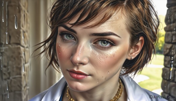 1girl,solo,looking at viewer,short hair,bangs,brown hair,jewelry,closed mouth,green eyes,earrings,artist name,water,necklace,blurry,lips,wet,eyelashes,makeup,blurry background,chain,portrait,close-up,freckles,rain,water drop,realistic,nose,red lips,wet hair,dirty,sweat