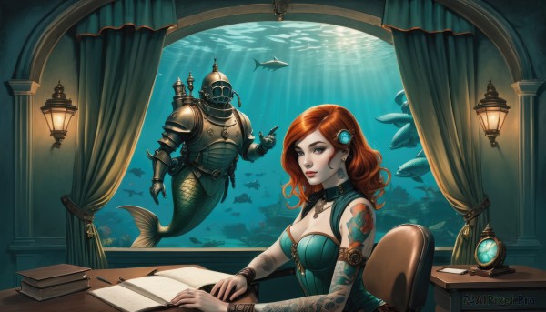 1girl,long hair,breasts,looking at viewer,smile,blue eyes,large breasts,hair ornament,cleavage,bare shoulders,jewelry,medium breasts,sitting,red hair,earrings,sleeveless,choker,artist name,indoors,water,necklace,orange hair,armor,collar,bracelet,lips,book,window,tattoo,makeup,chair,table,sunlight,helmet,lipstick,curtains,monster girl,shoulder armor,gem,armlet,desk,fish,bubble,curly hair,paper,underwater,open book,fantasy,red lips,pen,lamp,scales,arm tattoo,mermaid,writing,shark,gorget,1boy,green eyes,parted lips,detached sleeves,solo focus,strapless,wavy hair,1other,eyeshadow,watch,vambraces,head fins,shell,fins,inkwell