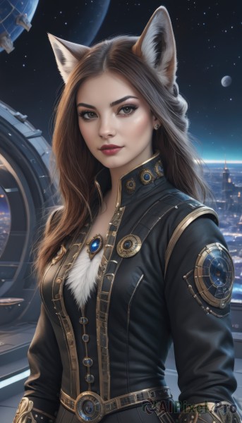 1girl,solo,long hair,breasts,looking at viewer,brown hair,long sleeves,animal ears,brown eyes,jewelry,jacket,upper body,earrings,sky,belt,cat ears,lips,animal ear fluff,makeup,night,moon,lipstick,brooch,star (sky),night sky,eyeshadow,starry sky,science fiction,nose,red lips,space,planet,medium breasts,signature,black jacket,wolf ears,extra ears,forehead,realistic,spacecraft