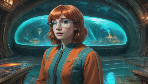 1girl,solo,looking at viewer,short hair,bangs,blue eyes,brown hair,shirt,jacket,upper body,necktie,glasses,collared shirt,indoors,water,orange hair,lips,makeup,freckles,reflection,fish,science fiction,realistic,nose,round eyewear,watercraft,whale,aquarium,red hair,scenery,planet,spacecraft