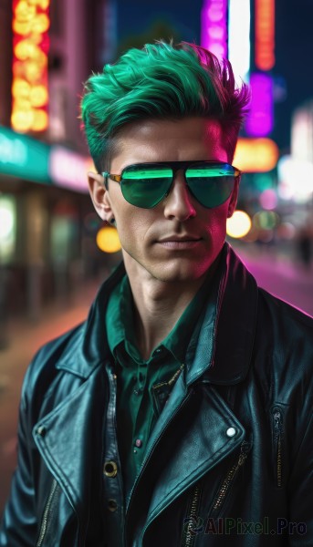 solo,looking at viewer,short hair,shirt,1boy,jewelry,jacket,upper body,male focus,earrings,outdoors,green hair,pointy ears,collared shirt,blurry,lips,black jacket,aqua hair,night,blurry background,piercing,sunglasses,ear piercing,zipper,realistic,green shirt,stud earrings,leather,leather jacket,parted lips,open clothes,artist name,necklace,open jacket,depth of field,facial hair,scar,undercut,bokeh,aviator sunglasses