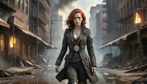 HQ,1girl,solo,long hair,breasts,looking at viewer,blue eyes,brown hair,long sleeves,cleavage,jewelry,medium breasts,closed mouth,standing,collarbone,red hair,cowboy shot,outdoors,open clothes,sky,belt,pants,cloud,necklace,orange hair,lips,coat,buttons,scar,black pants,ring,cloudy sky,fire,wind,building,scar on face,buckle,pendant,smoke,walking,rain,belt buckle,city,realistic,nose,arms at sides,road,leather,ruins,lamppost,long coat,street,trench coat,fog,steampunk,medallion,short hair,boots,dated,freckles