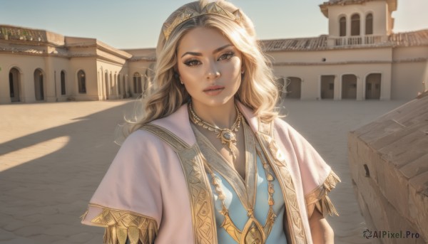 1girl,solo,long hair,breasts,looking at viewer,smile,blonde hair,dress,brown eyes,jewelry,upper body,short sleeves,hairband,earrings,outdoors,parted lips,sky,day,necklace,lips,blue dress,shadow,tiara,building,gem,curly hair,realistic,nose,white capelet,sunlight