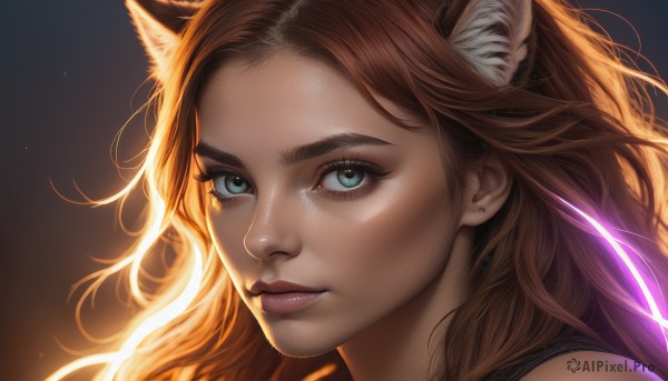 1girl,solo,long hair,looking at viewer,blue eyes,brown hair,animal ears,jewelry,closed mouth,green eyes,earrings,cat ears,aqua eyes,lips,animal ear fluff,eyelashes,piercing,portrait,extra ears,close-up,forehead,backlighting,freckles,realistic,nose,stud earrings,simple background