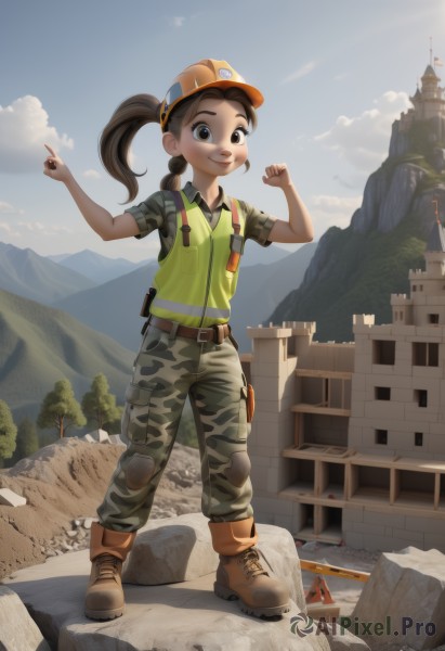 1girl,solo,long hair,looking at viewer,smile,brown hair,shirt,hat,brown eyes,closed mouth,standing,full body,ponytail,short sleeves,boots,outdoors,sky,day,collared shirt,belt,pants,cloud,uniform,vest,tree,military,brown footwear,building,child,pouch,rock,mountain,female child,camouflage,soldier,tent,camouflage pants,bag,backpack,pointing,scenery,baseball cap,green shirt