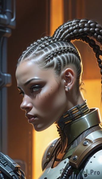 1girl,solo,long hair,looking at viewer,holding,brown eyes,jewelry,weapon,braid,grey hair,multicolored hair,earrings,parted lips,dark skin,holding weapon,armor,blurry,dark-skinned female,lips,gun,grey eyes,portrait,holding gun,handgun,freckles,science fiction,realistic,nose,hair behind ear,cyborg,cyberpunk,black hair,upper body,shiny,artist name,mole,from side,eyelashes,mole under eye,bodysuit,profile,makeup,watermark,facial mark,close-up,stud earrings,undercut,dreadlocks