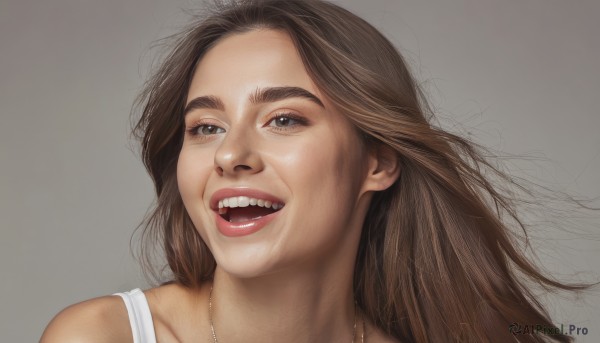 1girl,solo,long hair,looking at viewer,smile,open mouth,simple background,brown hair,jewelry,teeth,grey background,necklace,lips,grey eyes,tank top,portrait,realistic,nose,bare shoulders,brown eyes,:d,tongue,upper teeth only,thick eyebrows