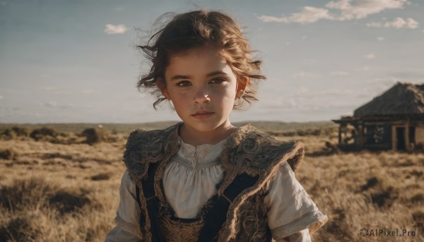 1girl,solo,looking at viewer,short hair,brown hair,shirt,black hair,brown eyes,closed mouth,white shirt,upper body,short sleeves,outdoors,sky,day,cloud,mole,blurry,black eyes,vest,blue sky,lips,depth of field,blurry background,cloudy sky,grass,wind,messy hair,scenery,mountain,realistic,nose,field,blue eyes,jewelry,earrings,floating hair,piercing,sunlight,house