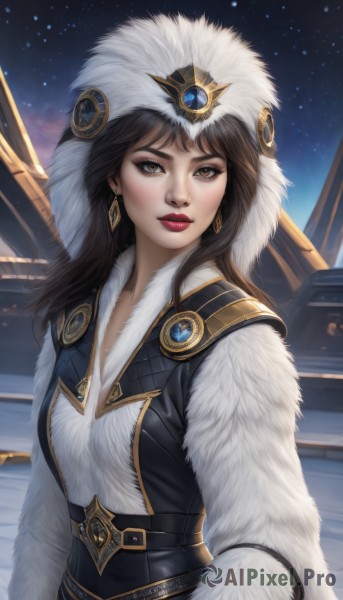 1girl,solo,long hair,breasts,looking at viewer,brown hair,hat,brown eyes,jewelry,upper body,earrings,outdoors,parted lips,sky,belt,lips,fur trim,makeup,night,lipstick,gem,star (sky),night sky,starry sky,realistic,nose,red lips,fur hat,bangs,black hair,long sleeves,dress,artist name,watermark