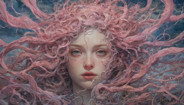 1girl,solo,long hair,looking at viewer,blue eyes,green eyes,pink hair,parted lips,water,lips,floating hair,wavy hair,portrait,underwater,eyelashes,facial mark,tentacles,close-up,freckles,realistic,nose,straight-on,jellyfish