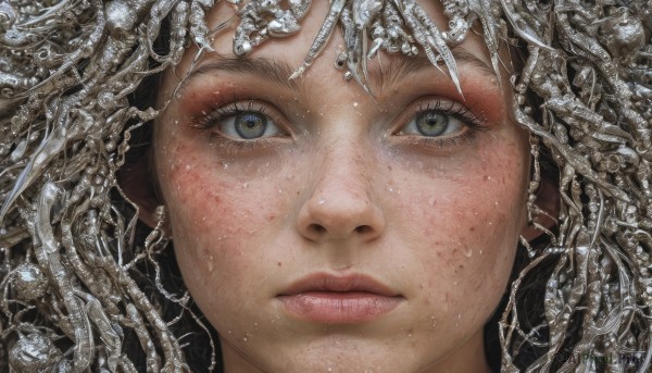 1girl,solo,looking at viewer,blue eyes,closed mouth,parted lips,water,lips,grey eyes,eyelashes,portrait,close-up,freckles,realistic,eye focus,bangs,jewelry,green eyes,earrings,traditional media,dirty