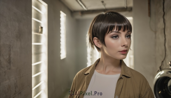 1girl,solo,short hair,bangs,brown hair,shirt,black hair,brown eyes,collarbone,jacket,white shirt,upper body,parted lips,open clothes,indoors,blurry,black eyes,open jacket,lips,looking to the side,grey eyes,looking away,brown jacket,realistic,nose,wall,leather,leather jacket,eyelashes,makeup,blurry background,portrait,red lips