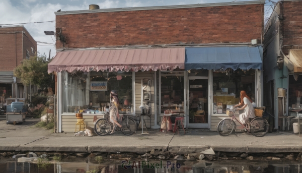 long hair,multiple girls,blonde hair,brown hair,hat,dress,2girls,sitting,very long hair,outdoors,food,sky,shoes,sleeveless,day,cloud,white dress,orange hair,tree,sleeveless dress,sandals,cat,ground vehicle,building,scenery,motor vehicle,car,road,house,wide shot,power lines,bicycle,shop,1girl,window,chair,plant,sign,basket,potted plant,bucket,lamppost,street,utility pole,wheelchair,bicycle basket,cart