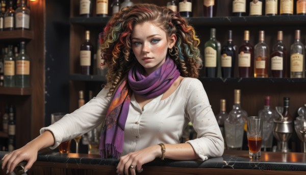 1girl,solo,long hair,breasts,looking at viewer,blush,blue eyes,brown hair,shirt,hair ornament,long sleeves,jewelry,medium breasts,white shirt,upper body,red hair,multicolored hair,earrings,indoors,scarf,mole,blurry,bracelet,two-tone hair,cup,lips,streaked hair,fingernails,eyelashes,makeup,buttons,wavy hair,ring,bottle,alcohol,drinking glass,freckles,curly hair,watch,realistic,nose,glass,wristwatch,beer,shelf,wine bottle,mascara,bar (place),purple scarf,counter,whiskey,hairclip,nail polish,messy hair,instrument,music,dirty