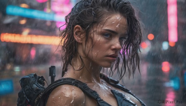 1girl, solo, looking at viewer, blue eyes, black hair, upper body, weapon, outdoors, dark skin, blurry, lips, wet, gun, blurry background, freckles, rain, realistic, nose, wet hair, neon lights