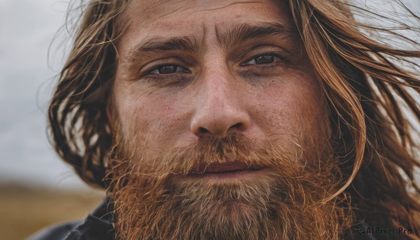 solo,long hair,looking at viewer,blonde hair,brown hair,1boy,brown eyes,closed mouth,male focus,outdoors,blurry,black eyes,blurry background,facial hair,portrait,beard,close-up,realistic,mustache,1girl,smile,mole,lips,freckles