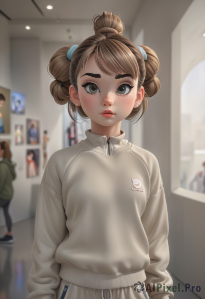 1girl,solo,looking at viewer,blush,short hair,bangs,brown hair,long sleeves,brown eyes,jewelry,closed mouth,standing,jacket,upper body,earrings,solo focus,pants,indoors,hood,hair bun,blurry,sweater,lips,double bun,hoodie,depth of field,blurry background,thick eyebrows,zipper,freckles,arms at sides,stud earrings,zipper pull tab,breasts,green eyes,track jacket,realistic