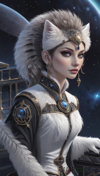 1girl,solo,long hair,breasts,looking at viewer,blue eyes,animal ears,jewelry,upper body,earrings,parted lips,sky,cat ears,lips,grey eyes,fur trim,makeup,lipstick,brooch,gem,star (sky),starry sky,nose,red lips,space,planet,fur,black hair,gloves,ponytail,artist name,white gloves,eyelashes,wolf ears,feathers,extra ears,eyeshadow,circlet,realistic,headdress