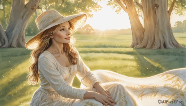 1girl,solo,long hair,breasts,smile,brown hair,long sleeves,hat,dress,cleavage,brown eyes,medium breasts,sitting,collarbone,outdoors,day,white dress,tree,lips,wavy hair,looking away,sunlight,own hands together,grass,nature,scenery,forest,sun hat,realistic,dappled sunlight,straw hat,field