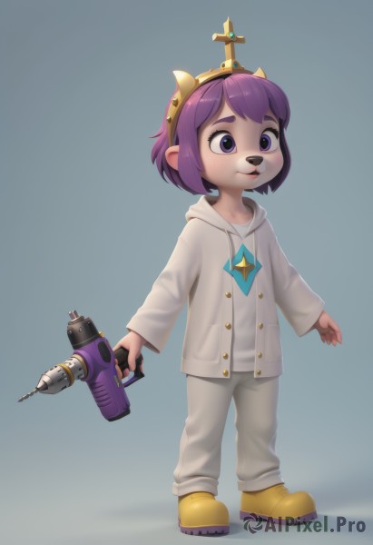 1girl,solo,smile,short hair,bangs,simple background,long sleeves,holding,animal ears,closed mouth,standing,purple eyes,full body,weapon,purple hair,hairband,boots,pointy ears,pants,hood,grey background,star (symbol),holding weapon,gun,hoodie,:3,hood down,tiara,crown,child,holding gun,furry,white pants,furry female,female child,yellow footwear,energy gun,shoes,buttons,blue background,white hoodie