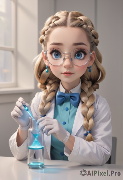 1girl,solo,long hair,looking at viewer,blue eyes,blonde hair,brown hair,shirt,gloves,long sleeves,bow,holding,jewelry,sitting,closed mouth,jacket,upper body,braid,earrings,glasses,artist name,indoors,white gloves,bowtie,blurry,twin braids,lips,coat,eyelashes,window,makeup,blurry background,blue bow,chair,table,blue shirt,lipstick,hair over shoulder,forehead,round eyewear,labcoat,white coat,blue bowtie,red lips,flask,blush,white shirt,open clothes,collared shirt,buttons,depth of field,light brown hair,white jacket,thick eyebrows,french braid,black-framed eyewear,pink lips,nose