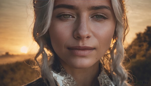 1girl,solo,long hair,looking at viewer,smile,brown eyes,closed mouth,grey hair,outdoors,sky,cloud,mole,blurry,tree,lips,grey eyes,eyelashes,mole under eye,depth of field,blurry background,wavy hair,sunlight,portrait,freckles,curly hair,sunset,realistic,nose,sun,straight-on,mole on cheek,white hair,close-up,backlighting