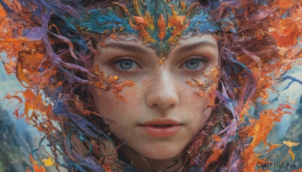 1girl,solo,long hair,looking at viewer,blue eyes,brown hair,outdoors,parted lips,day,artist name,blurry,lips,eyelashes,depth of field,blurry background,portrait,close-up,freckles,fish,realistic,red lips,straight-on,blue hair,sky,floating hair,leaf,fantasy,autumn leaves,autumn