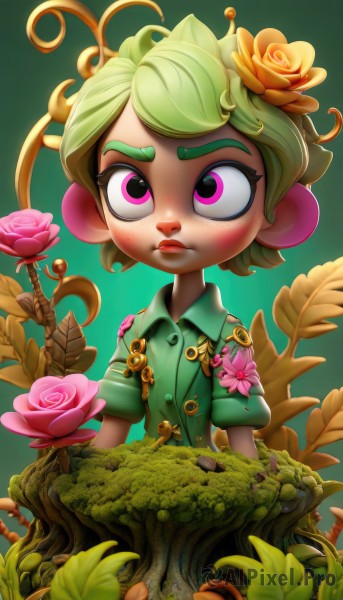 1girl,solo,short hair,shirt,hair ornament,upper body,flower,green hair,collared shirt,hair flower,pink eyes,gradient background,buttons,rose,leaf,thick eyebrows,plant,pink flower,freckles,green background,green shirt,vines,pink rose,blonde hair,short sleeves,artist name,tree,frown,leaf on head