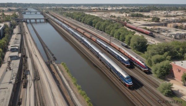 outdoors,day,tree,no humans,grass,ground vehicle,building,nature,scenery,motor vehicle,forest,city,car,road,bush,cityscape,watercraft,bridge,vehicle focus,river,train,railroad tracks,sky,military,military vehicle,landscape,truck,real world location