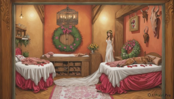 1girl,solo,long hair,breasts,looking at viewer,brown hair,dress,bare shoulders,jewelry,standing,flower,indoors,white dress,pillow,strapless,bed,chair,stuffed toy,table,stuffed animal,tiara,plant,strapless dress,pink flower,wooden floor,mirror,bouquet,wedding dress,door,long dress,clock,lamp,bedroom,wide shot,vase,carpet,rug,chandelier,fireplace,chest of drawers,black hair,hair ornament,necklace,petals,christmas,wreath