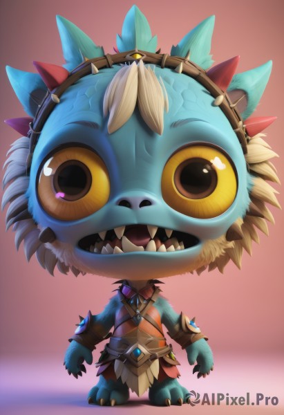 solo,looking at viewer,smile,open mouth,simple background,1boy,jewelry,standing,full body,yellow eyes,:d,male focus,teeth,gradient,mask,colored skin,pink background,sharp teeth,red background,claws,spikes,brown background,yordle,belt,necklace,chibi,no humans,helmet,gem,1other,arms at sides,tusks