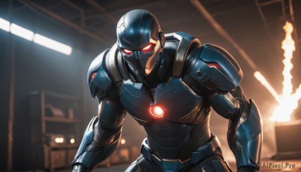 solo,red eyes,1boy,upper body,weapon,male focus,indoors,armor,blurry,glowing,helmet,glowing eyes,science fiction,power armor,power suit,looking at viewer,gun,hallway,arm blade