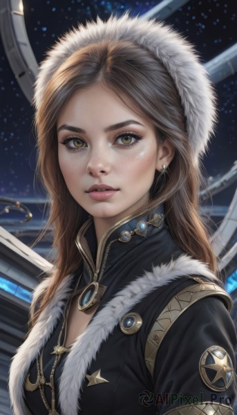 1girl,solo,long hair,breasts,looking at viewer,brown hair,brown eyes,jewelry,medium breasts,yellow eyes,upper body,earrings,parted lips,necklace,lips,fur trim,eyelashes,star (sky),freckles,science fiction,realistic,nose,bangs,hood,star (symbol),makeup,forehead