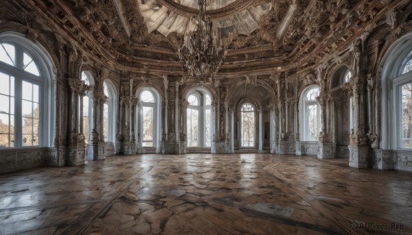 day,indoors,no humans,window,sunlight,scenery,light rays,stairs,architecture,sunbeam,pillar,hallway,church,arch,reflective floor,chandelier,column,sky,cloud,tree,plant,wooden floor,fantasy,candle,bare tree,floor