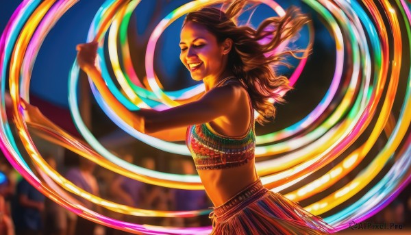 1girl,solo,long hair,breasts,smile,skirt,brown hair,bare shoulders,jewelry,closed eyes,teeth,solo focus,midriff,dark skin,necklace,blurry,from side,dark-skinned female,lips,floating hair,blurry background,dancing,crowd,very dark skin,grin,crop top,makeup,lipstick,realistic