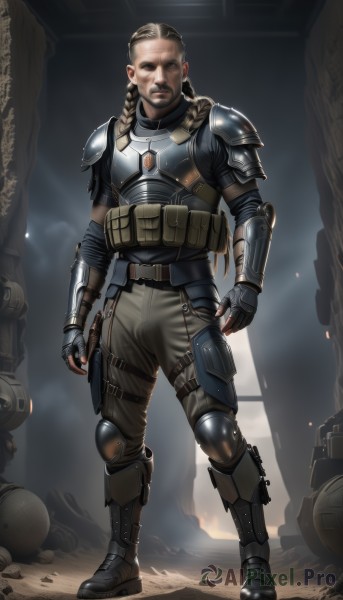 solo,long hair,looking at viewer,blue eyes,blonde hair,brown hair,gloves,1boy,brown eyes,standing,full body,braid,male focus,boots,belt,pants,fingerless gloves,armor,twin braids,facial hair,shoulder armor,gauntlets,beard,pauldrons,pouch,breastplate,realistic,mustache,knee pads,shoulder pads,1girl,teeth,scar,armored boots