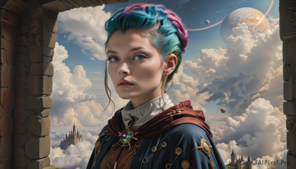 1girl,solo,looking at viewer,short hair,blue eyes,jewelry,blue hair,upper body,braid,multicolored hair,earrings,outdoors,parted lips,sky,day,cloud,two-tone hair,blue sky,lips,grey eyes,aqua hair,cloudy sky,brooch,scenery,realistic,nose,fantasy,planet,castle,arch,green hair,artist name,cape,moon