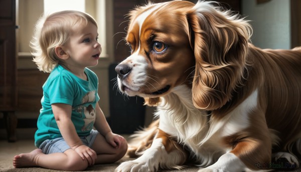 HQ,1girl,solo,smile,short hair,open mouth,blue eyes,blonde hair,shirt,brown eyes,sitting,full body,short sleeves,shorts,barefoot,indoors,looking at another,lips,animal,blue shirt,animal print,t-shirt,child,realistic,green shirt,on floor,female child,print shirt,tiger,lion,aqua shirt,1boy,male focus,wariza,dog,injury,male child,dirty,bruise