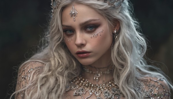 1girl,solo,long hair,looking at viewer,blue eyes,blonde hair,jewelry,closed mouth,white hair,earrings,parted lips,necklace,blurry,lips,grey eyes,eyelashes,makeup,blurry background,wavy hair,facial mark,tiara,gem,portrait,circlet,realistic,nose,red lips,gold,head chain,hair ornament,bare shoulders,upper body,grey hair,choker,artist name