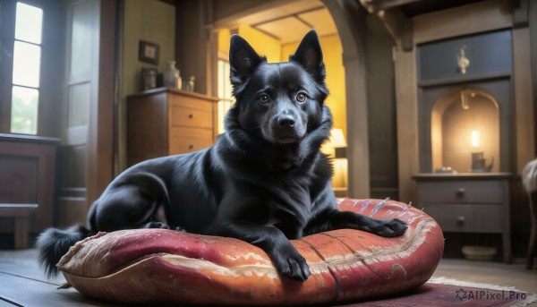 HQ,looking at viewer,lying,day,indoors,blurry,pillow,no humans,window,animal,chair,table,cat,dog,wooden floor,realistic,door,animal focus,cushion,carpet,rug,fireplace,solo,brown eyes,sitting,food,signature,blurry background,mirror,snake,basket,lamp,scales