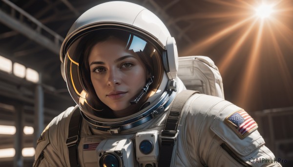 1girl,solo,looking at viewer,smile,short hair,brown hair,brown eyes,closed mouth,upper body,indoors,dark skin,blurry,dark-skinned female,lips,blurry background,backpack,helmet,portrait,realistic,nose,american flag,spacesuit,japanese flag,space helmet,astronaut,bag,thick eyebrows,reflection,science fiction,light rays,light