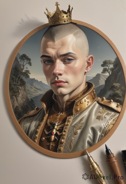 solo,looking at viewer,blue eyes,1boy,jewelry,closed mouth,upper body,grey hair,male focus,tree,lips,crown,portrait,gold trim,mountain,realistic,pen,bald,pencil,earrings,grey eyes,traditional media,cross,freckles,very short hair