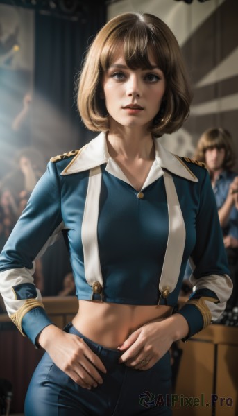 1girl,solo,breasts,looking at viewer,short hair,bangs,multiple girls,brown hair,shirt,long sleeves,navel,brown eyes,jewelry,medium breasts,standing,cowboy shot,parted lips,teeth,solo focus,midriff,pants,indoors,blurry,lips,crop top,depth of field,blurry background,bob cut,ring,blue shirt,freckles,hands on hips,realistic,nose,blue pants,earrings,sunlight,suspenders,own hands together,denim,jeans,wedding ring